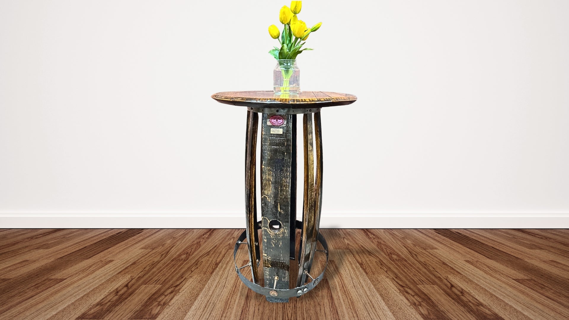 Rustic Oak Whiskey Barrel Side Table – Handmade from Reclaimed Wood & Metal Hoops