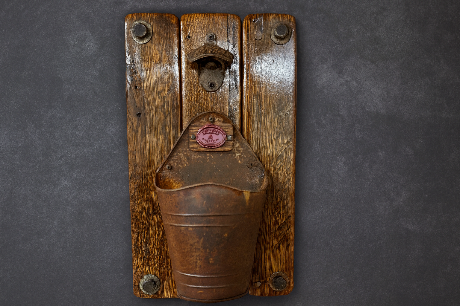 Rustic Wall-Mounted Bottle Opener with Cap Catcher – Vintage Farmhouse Bar Decor