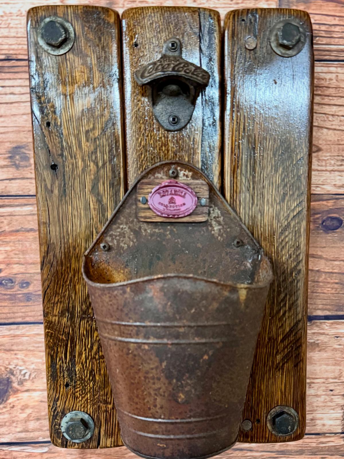 Rustic Wall-Mounted Bottle Opener with Cap Catcher – Vintage Farmhouse Bar Decor
