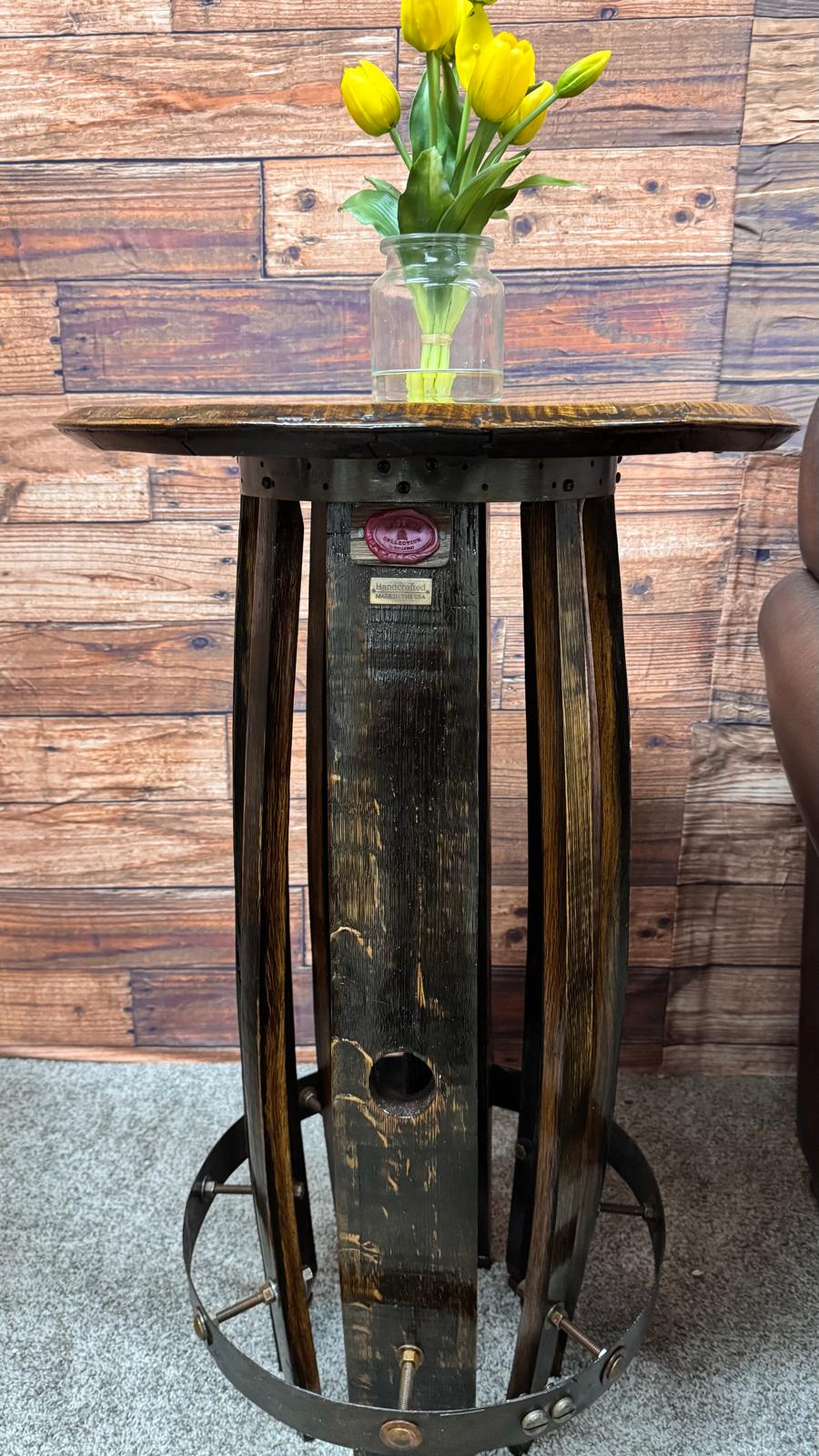 Rustic Oak Whiskey Barrel Side Table – Handmade from Reclaimed Wood & Metal Hoops