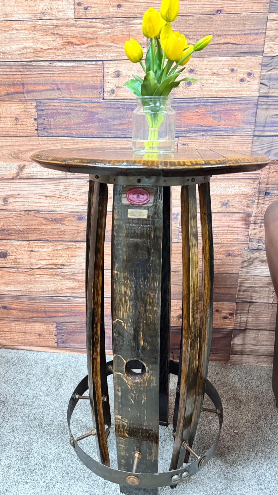 Rustic Oak Whiskey Barrel Side Table – Handmade from Reclaimed Wood & Metal Hoops
