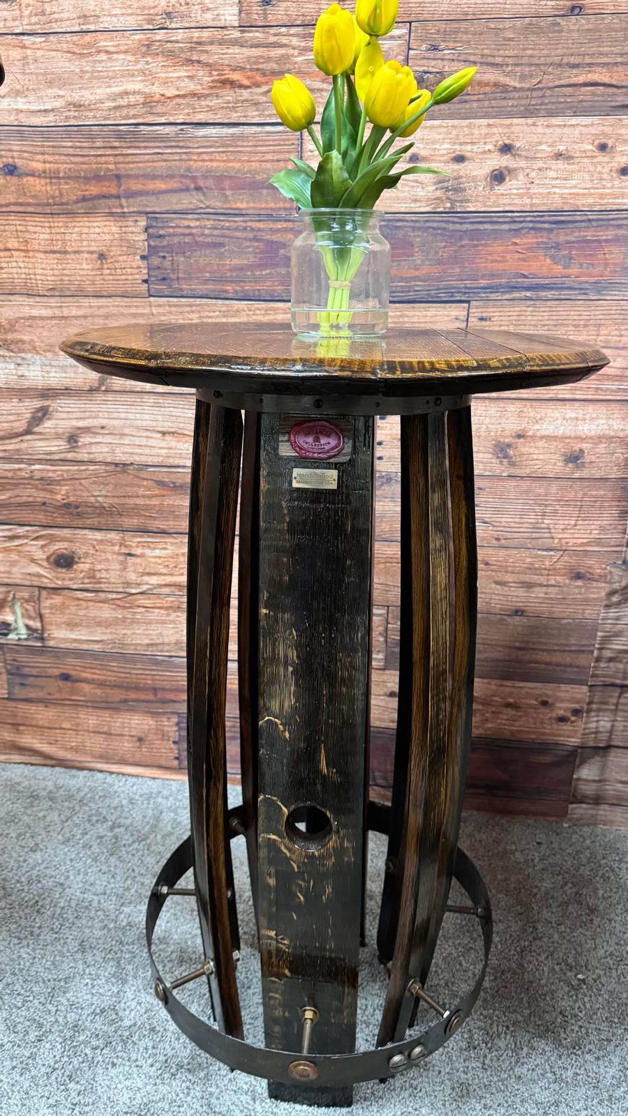 Rustic Oak Whiskey Barrel Side Table – Handmade from Reclaimed Wood & Metal Hoops