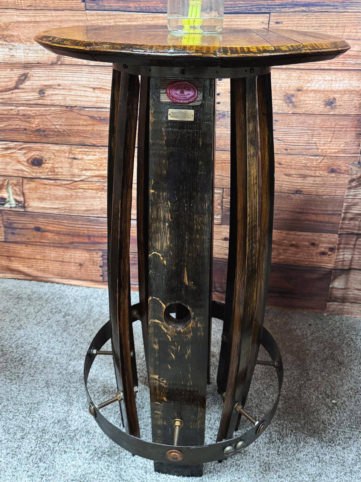 Rustic Oak Whiskey Barrel Side Table – Handmade from Reclaimed Wood & Metal Hoops