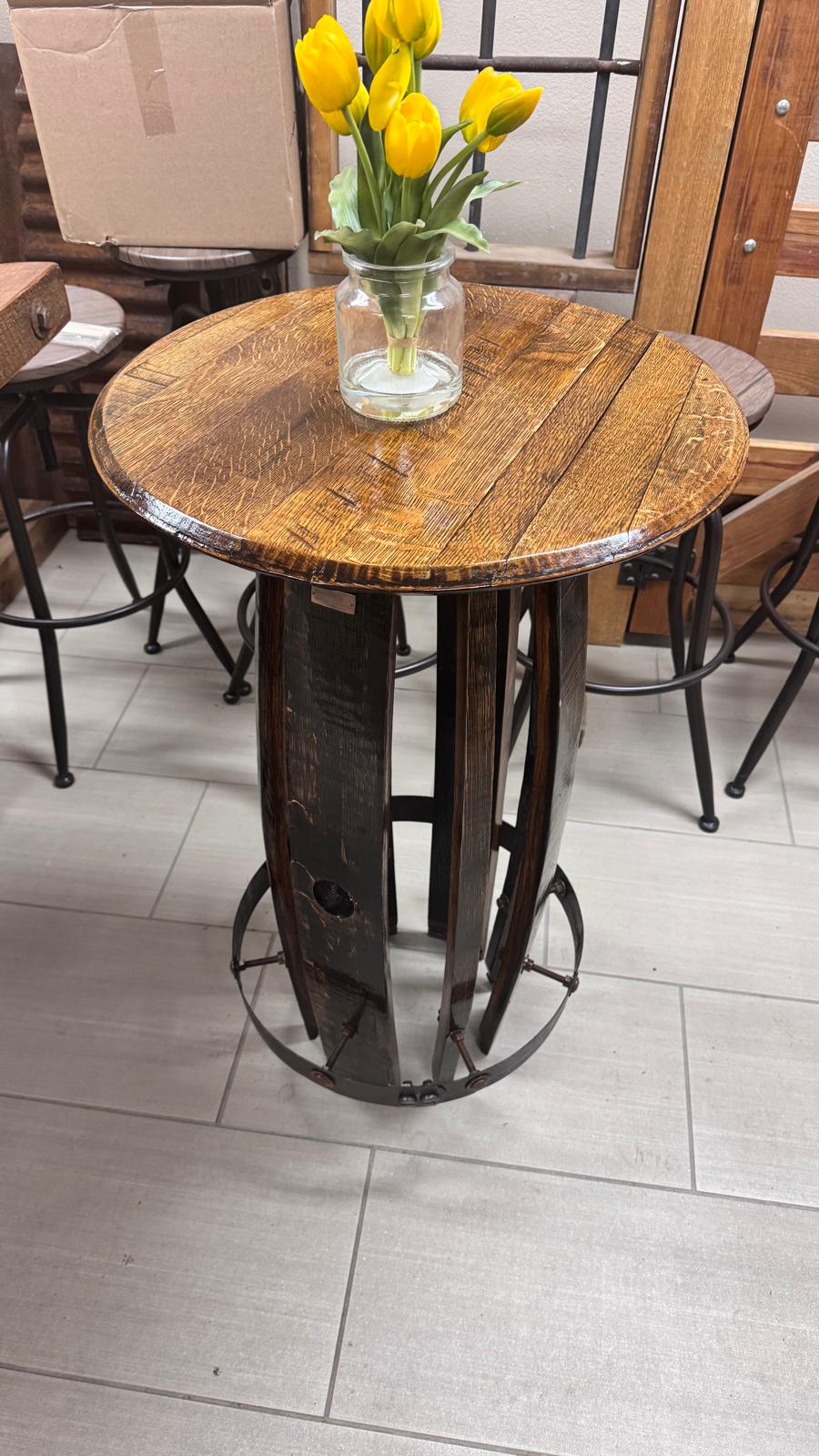 Rustic Oak Whiskey Barrel Side Table – Handmade from Reclaimed Wood & Metal Hoops