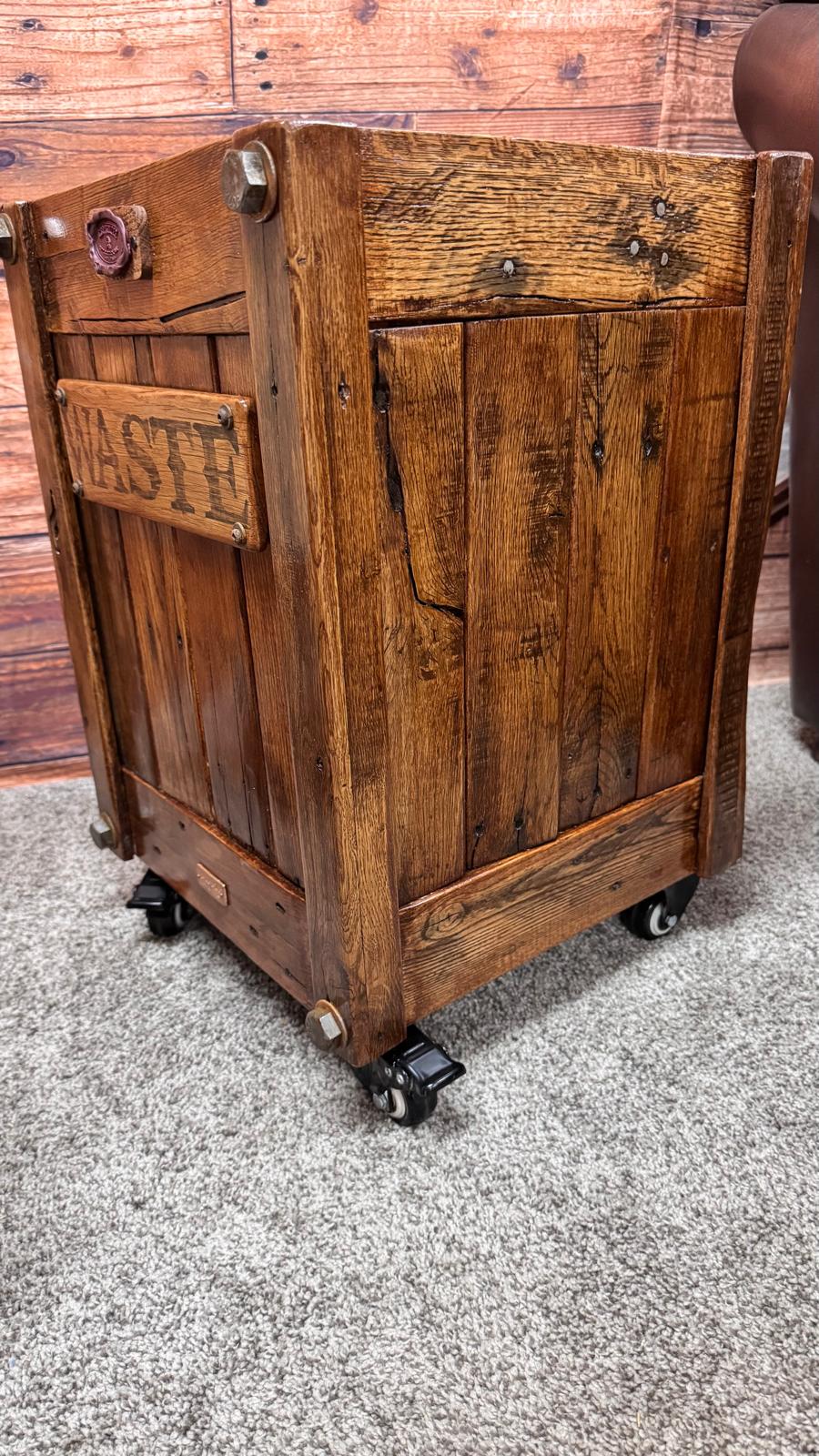 Rustic Reclaimed Wood Trash Bin with Wheels – Handmade Farmhouse Waste Container