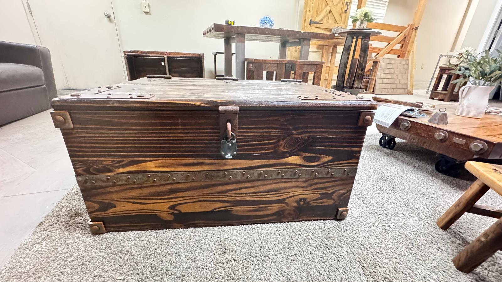 Rustic Handmade Wooden Trunk with Iron Hardware – Vintage Farmhouse Storage Chest