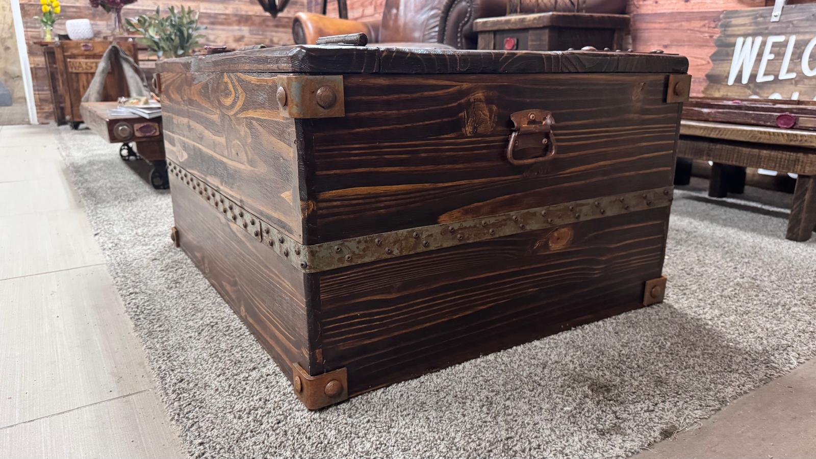 Rustic Handmade Wooden Trunk with Iron Hardware – Vintage Farmhouse Storage Chest
