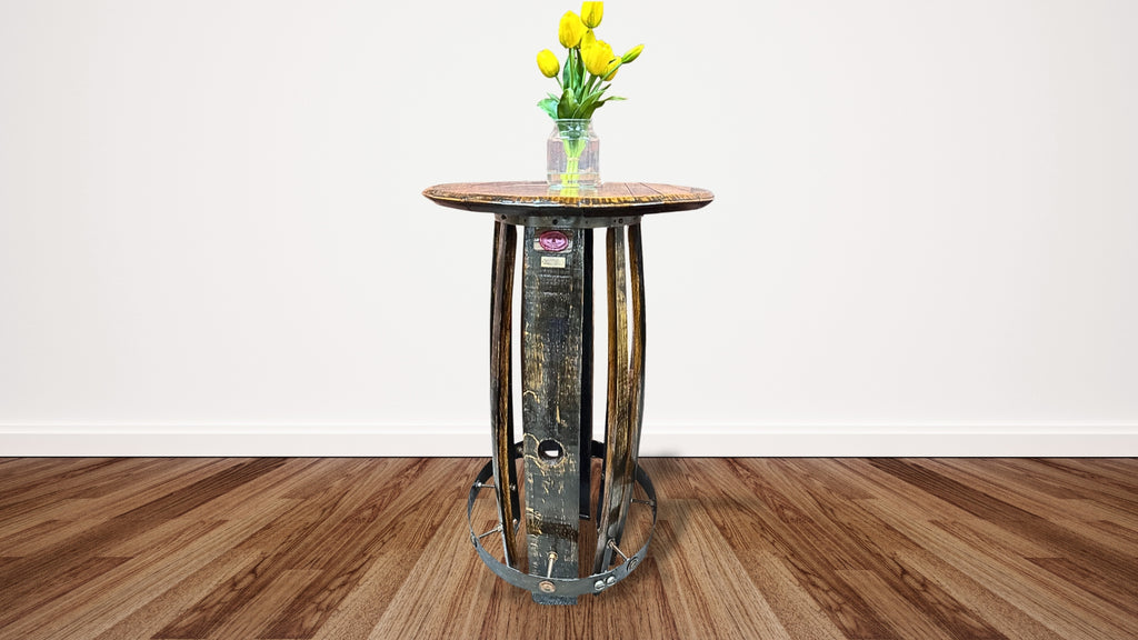 Rustic Oak Whiskey Barrel Side Table – Handmade from Reclaimed Wood & Metal Hoops
