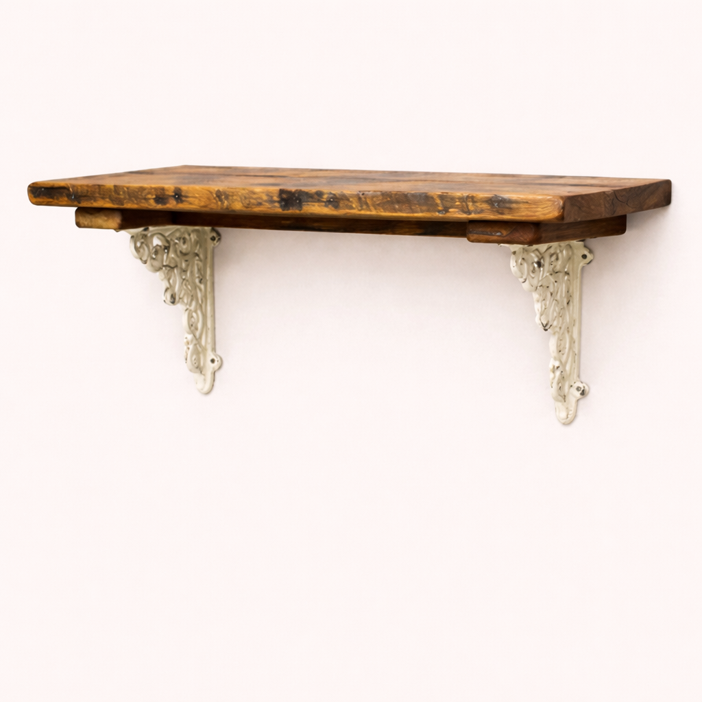 🪵 Whites Angles Shelf – Rustic Solid Wood Wall Shelf with White Brackets