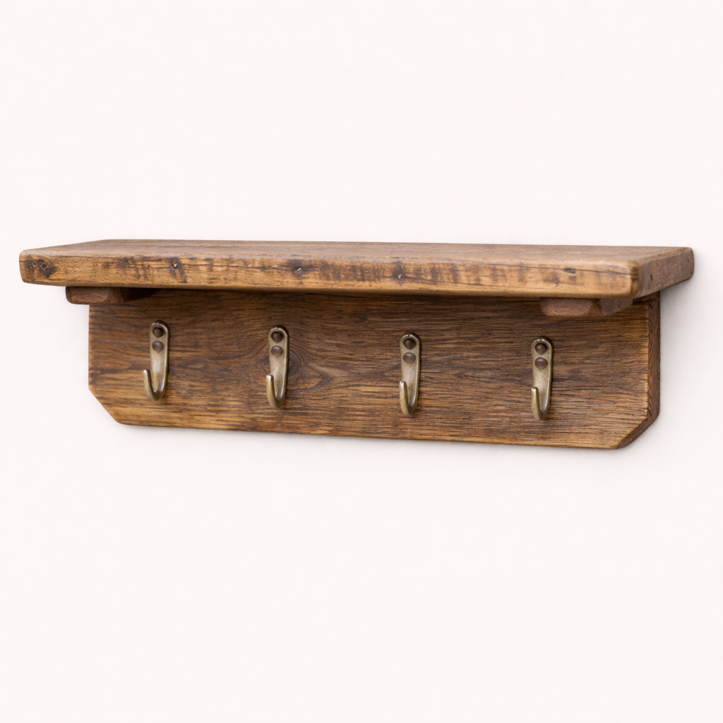 🪵 4 Hooks Shelf – Rustic Solid Wood Shelf with 4 Metal Hooks