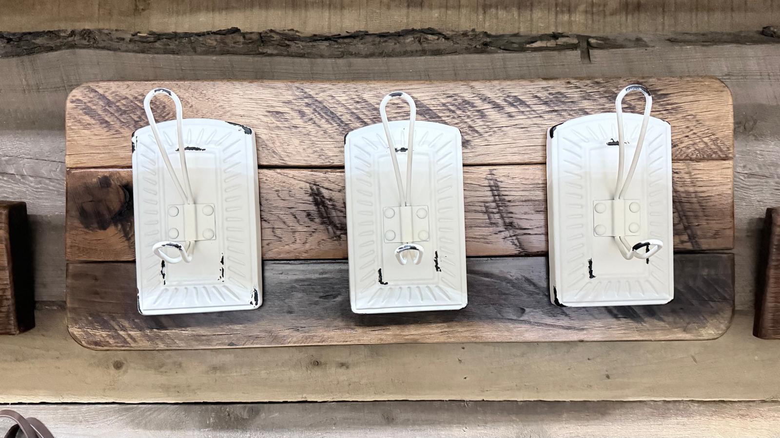 Rustic Solid Oak Wall Rack with Three Vintage White Metal Hooks – Handmade Farmhouse Decor