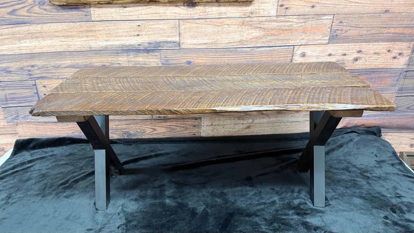 Handcrafted Live Edge Oak Bench with Black Metal X Legs