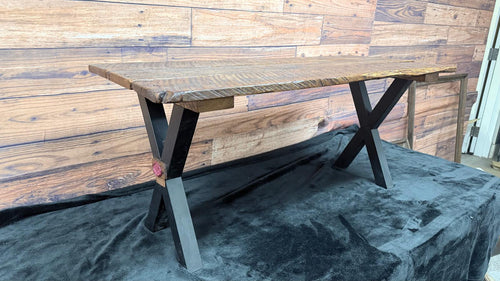 Handcrafted Live Edge Oak Bench with Black Metal X Legs