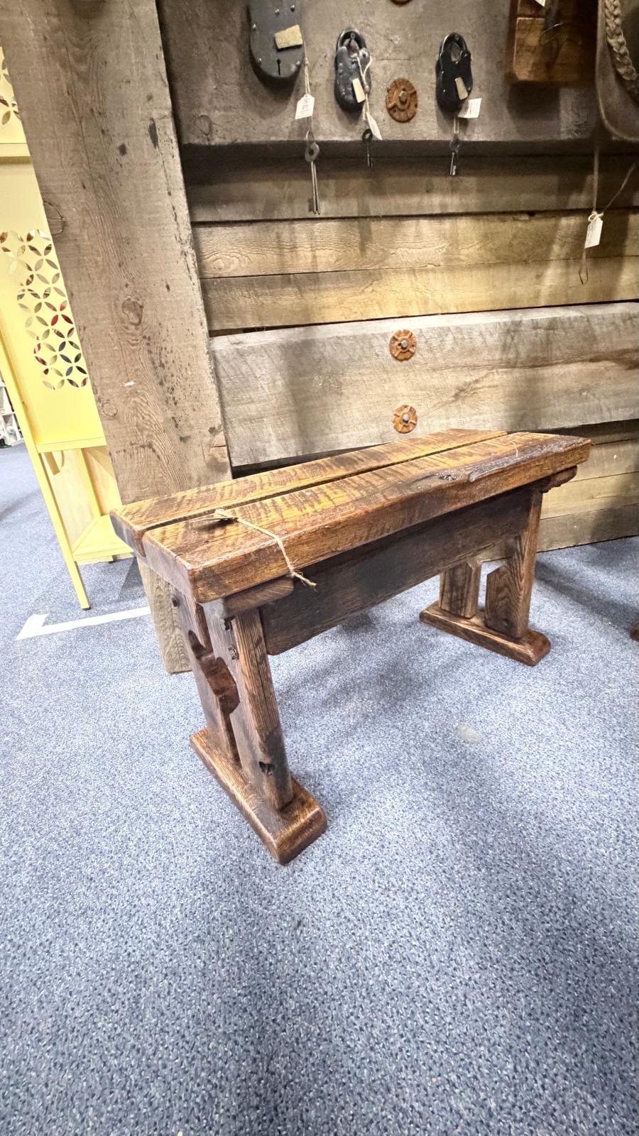 Rustic Solid Oak Bench – Handmade Vintage Stool with Heart Cutout | Farmhouse & Cabin Decor