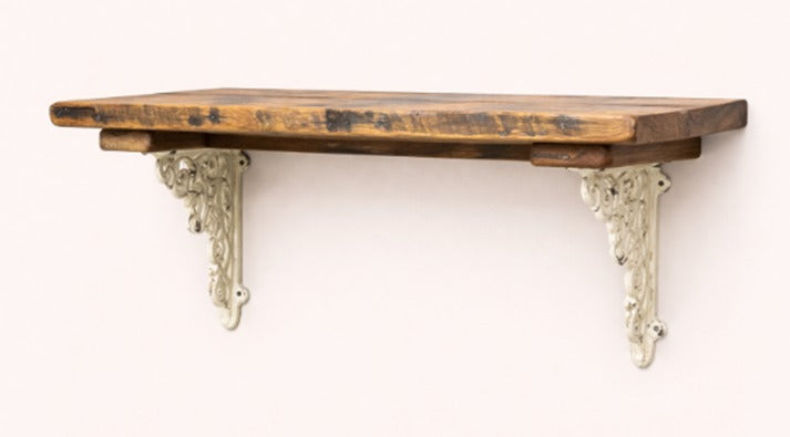 🪵 Whites Angles Shelf – Rustic Solid Wood Wall Shelf with White Brackets