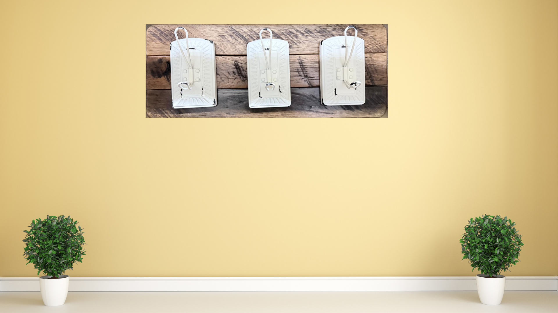 Rustic Solid Oak Wall Rack with Three Vintage White Metal Hooks – Handmade Farmhouse Decor